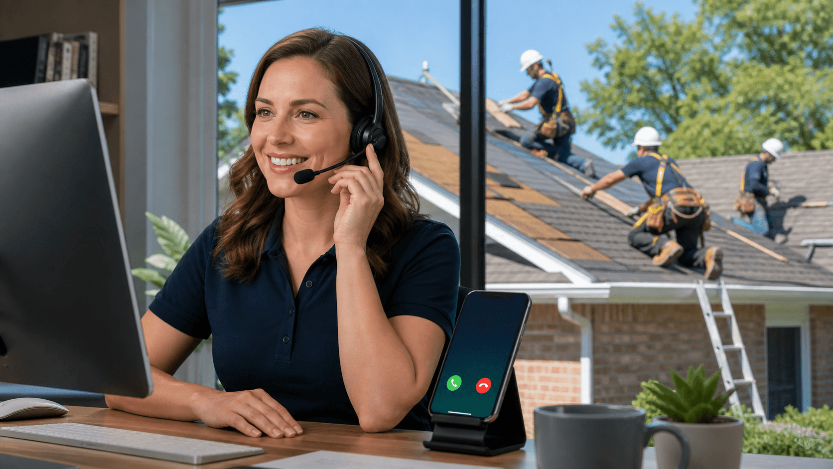Split-screen graphic of a headset operator and a roofer answering a phone beside a house roof.