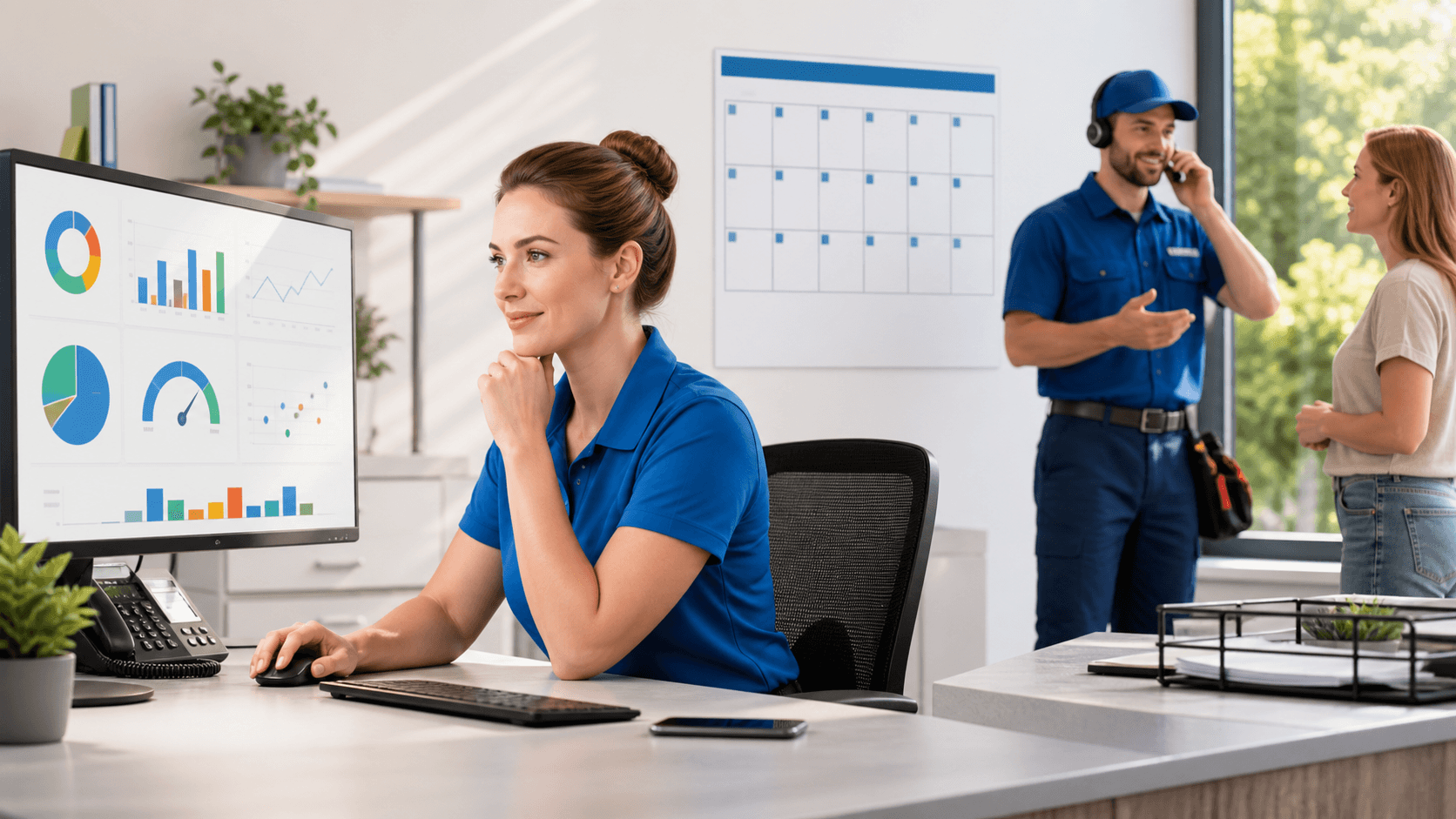 Blue-toned dashboard with call flow diagrams, KPI charts, and a headset icon on a glowing digital screen.