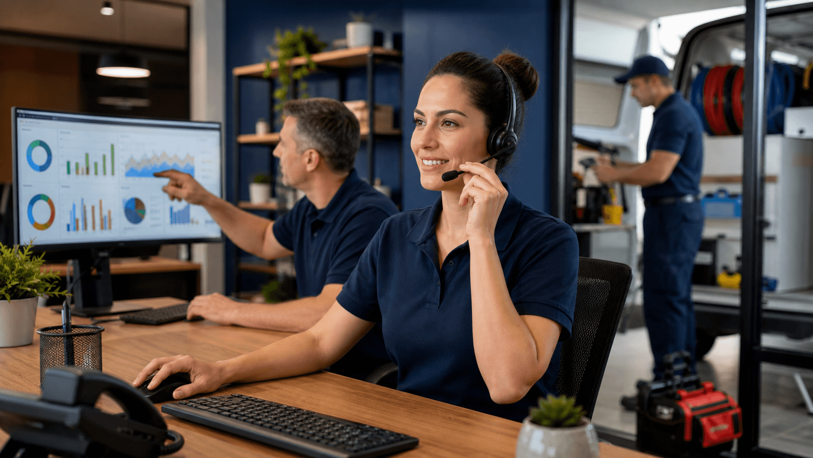 Split-screen graphic of a chatbot receptionist and PPC dashboard with red leak arrows on a dark blue background.
