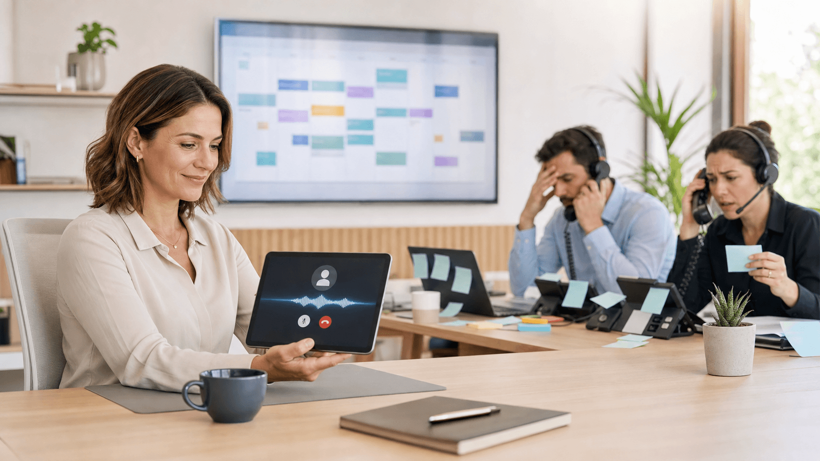 Split-screen illustration of a friendly robot receptionist and headset call center agent, with blue and orange accents.