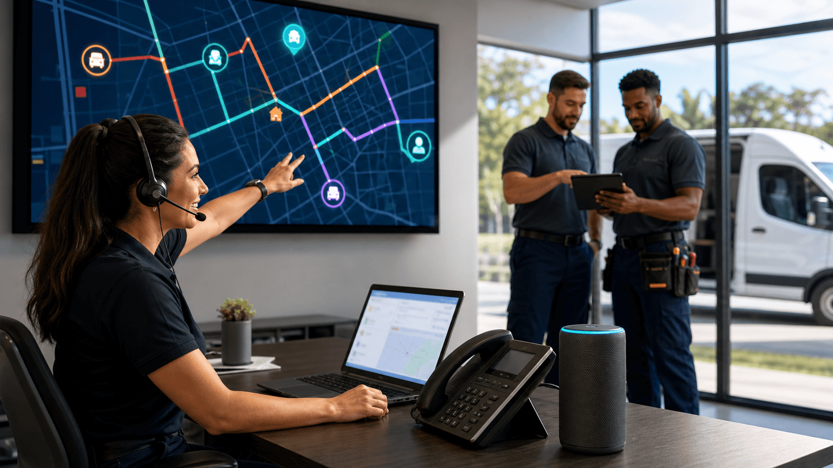 Split-screen illustration of a headset robot, a dispatcher at a map, and a customer rep at a laptop, blue tones.