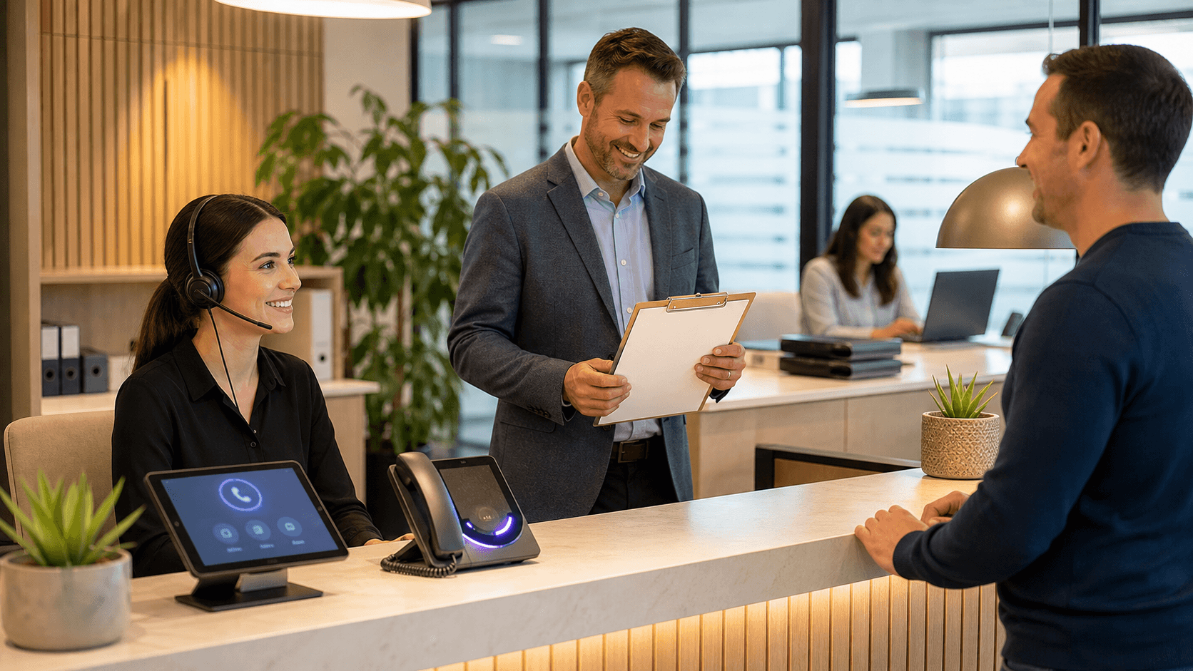 Split-screen of a robot and a woman at reception desks, blue and warm lighting, with a cost-comparison chart overlay