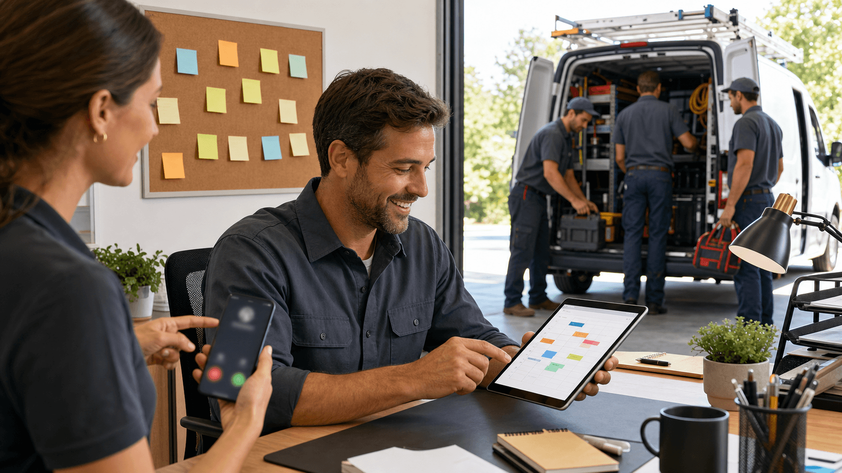 Minimalist blue and white illustration of a contractor with a clipboard beside a calendar and phone booking icons.