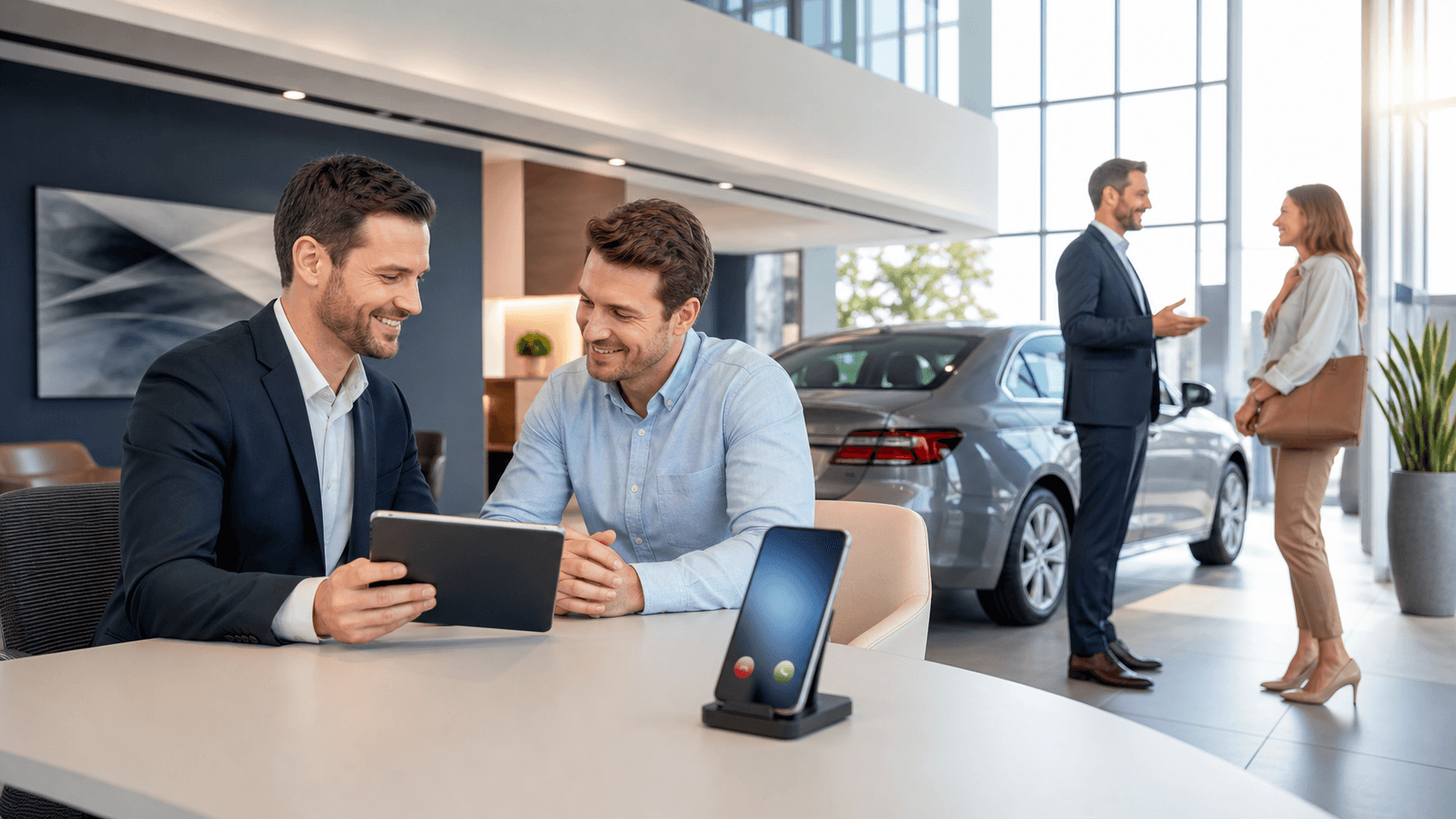 Blue and white illustration of a car dealership with cars in front and two people shaking hands under bright light.