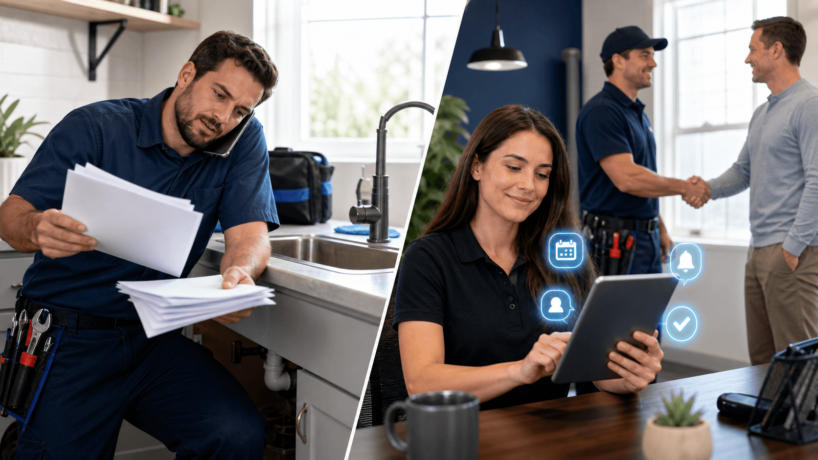 Split-screen illustration of a smartphone sending review messages beside a person making a follow-up call.