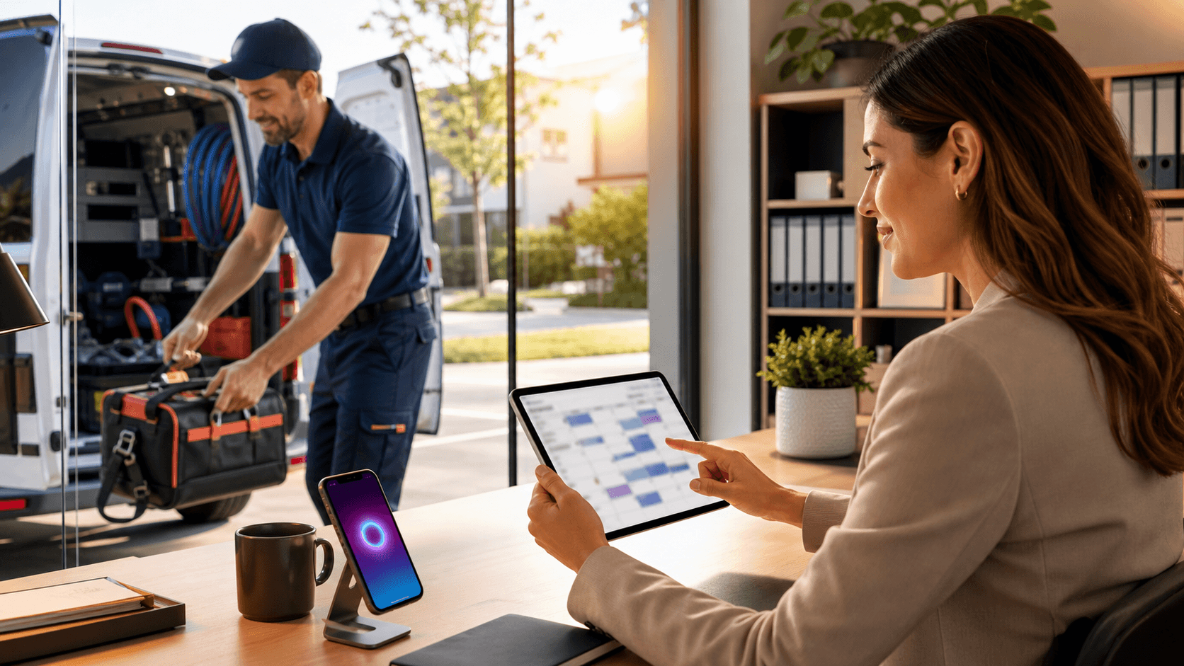 Smartphone on desk beside wrench, glowing AI chatbot interface on screen, soft blue lighting in background