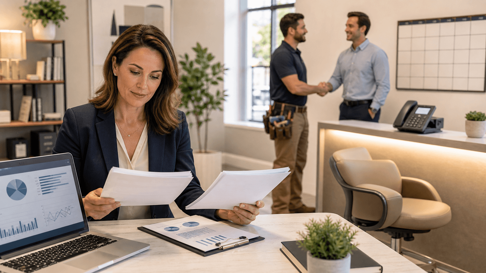 Split-screen illustration of a robot at a desk and a human receptionist, with dollar signs on a blue background