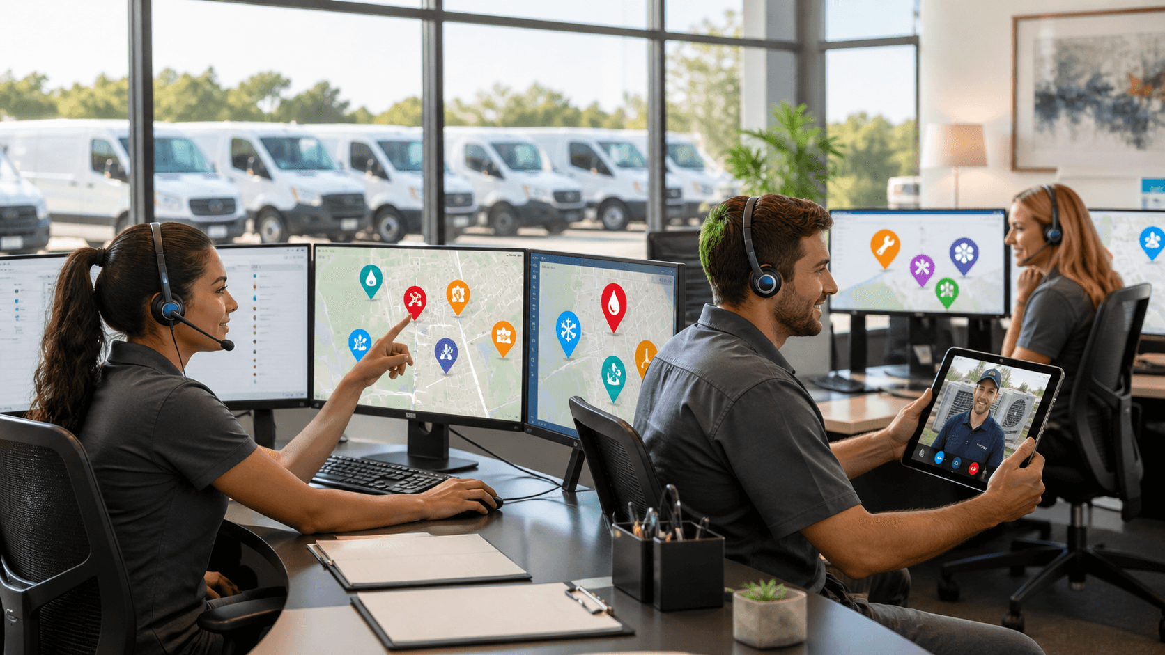 Dispatcher wearing a headset monitors multiple glowing screens in a dark emergency operations center.