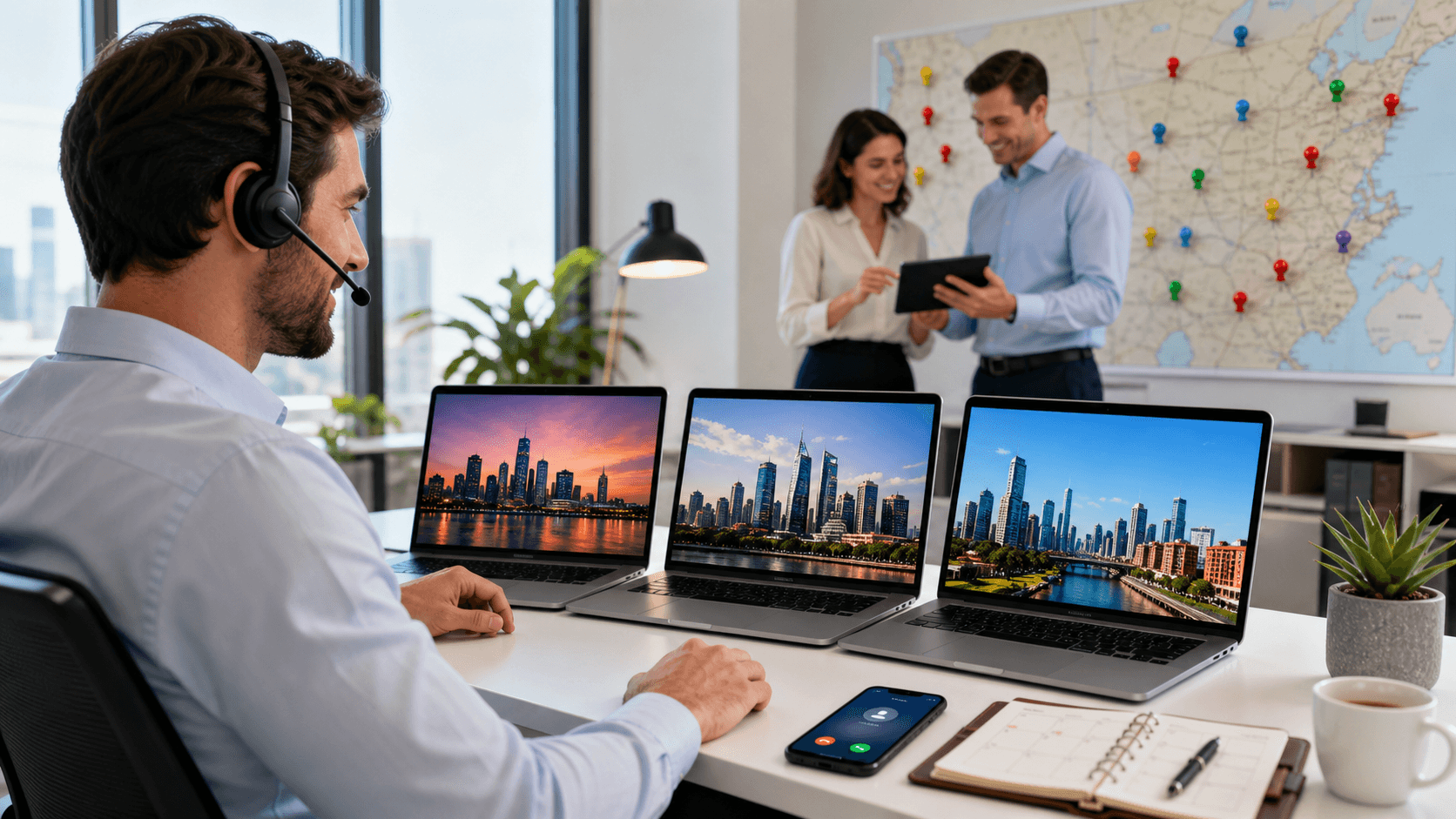 Futuristic receptionist robot at a desk, glowing screens and location pins on a blue map wall backdrop.