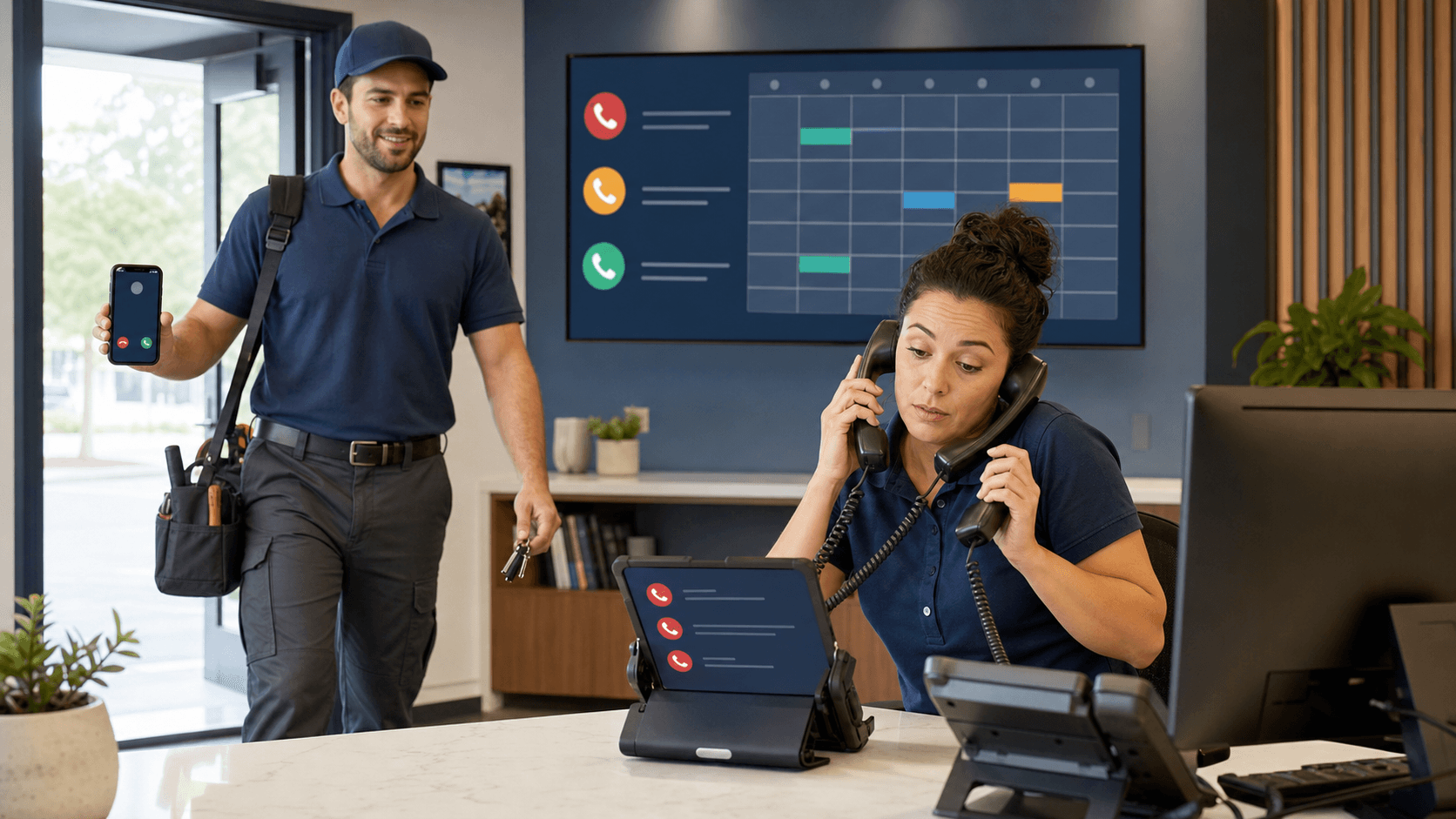 Blue-toned call center scene with a headset operator beside a glowing phone icon and warning symbols on a dark background