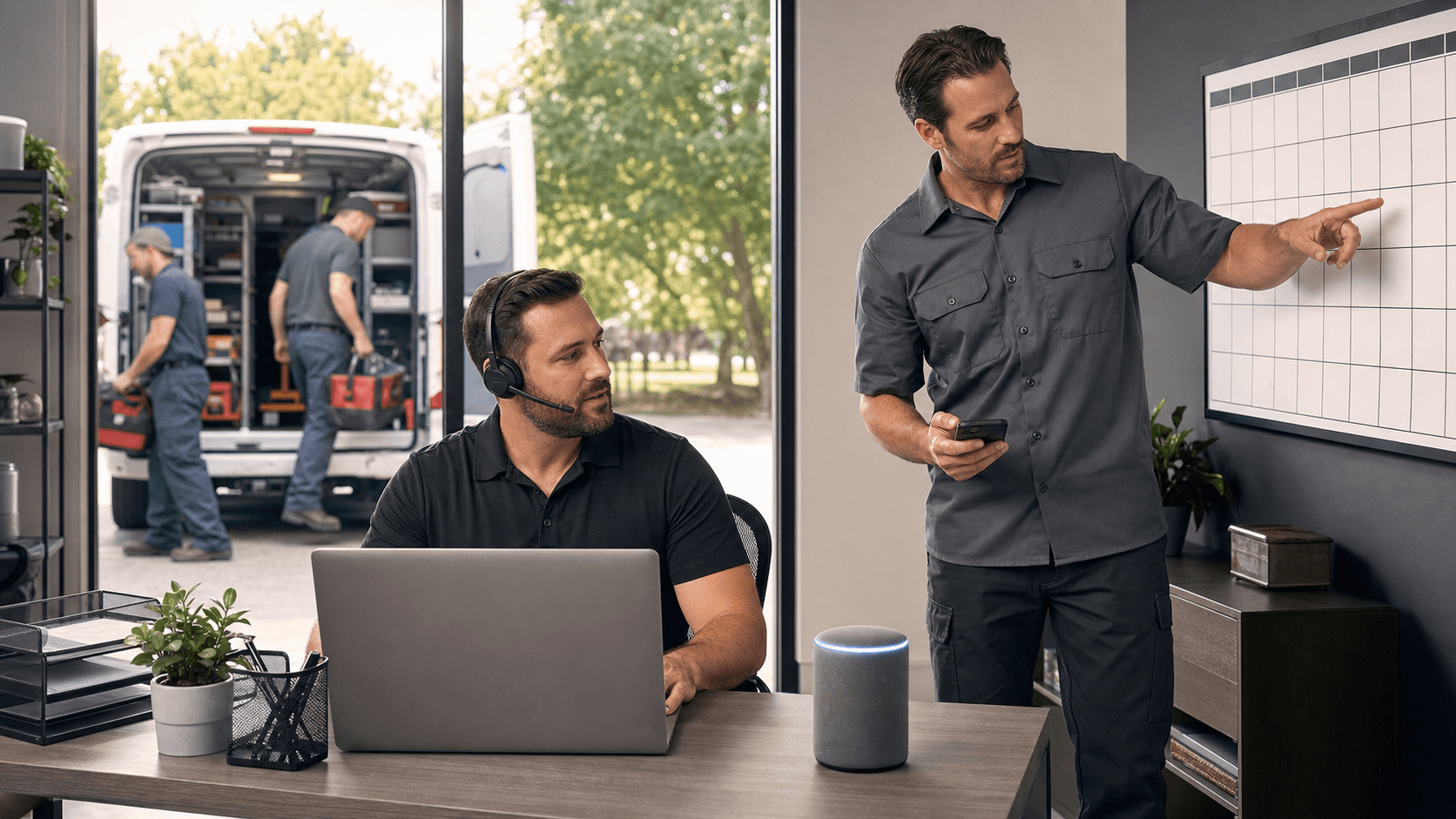Split-screen illustration of a blue AI chatbot on a phone and a gray call center headset under soft lighting