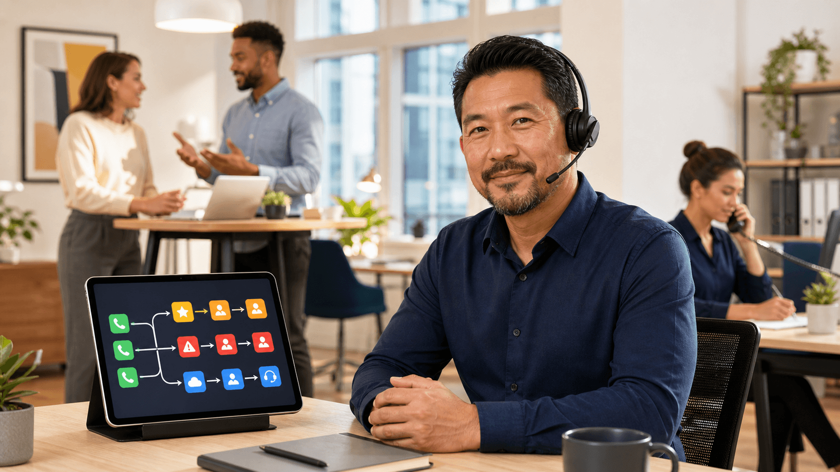 Futuristic blue call center dashboard with AI avatar, branching transfer arrows, and glowing priority icons on dark background