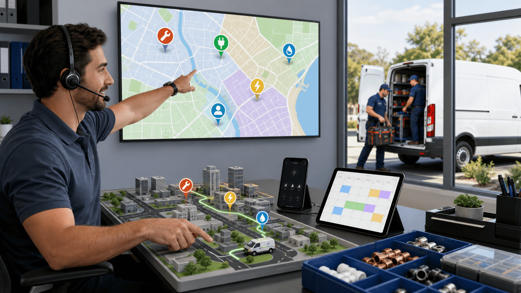 Futuristic call center scene with a headset icon over a map, teal UI panels, and glowing connection lines.