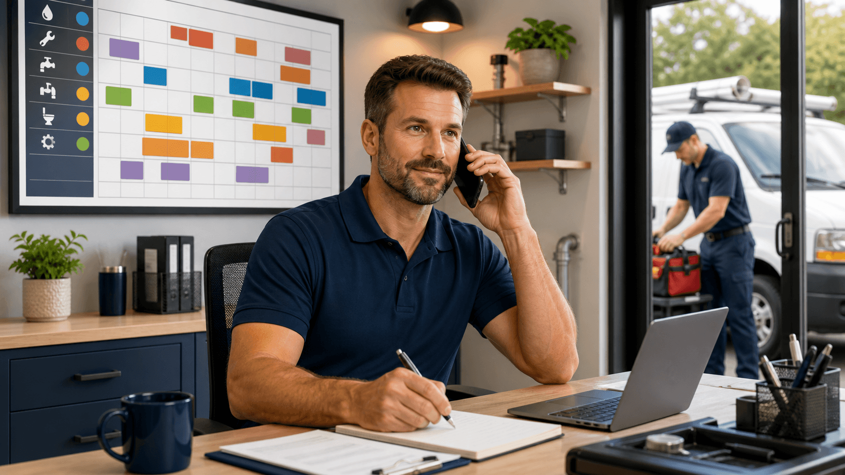 Small business owner at a desk using a headset, with glowing AI call icons on a blue screen.