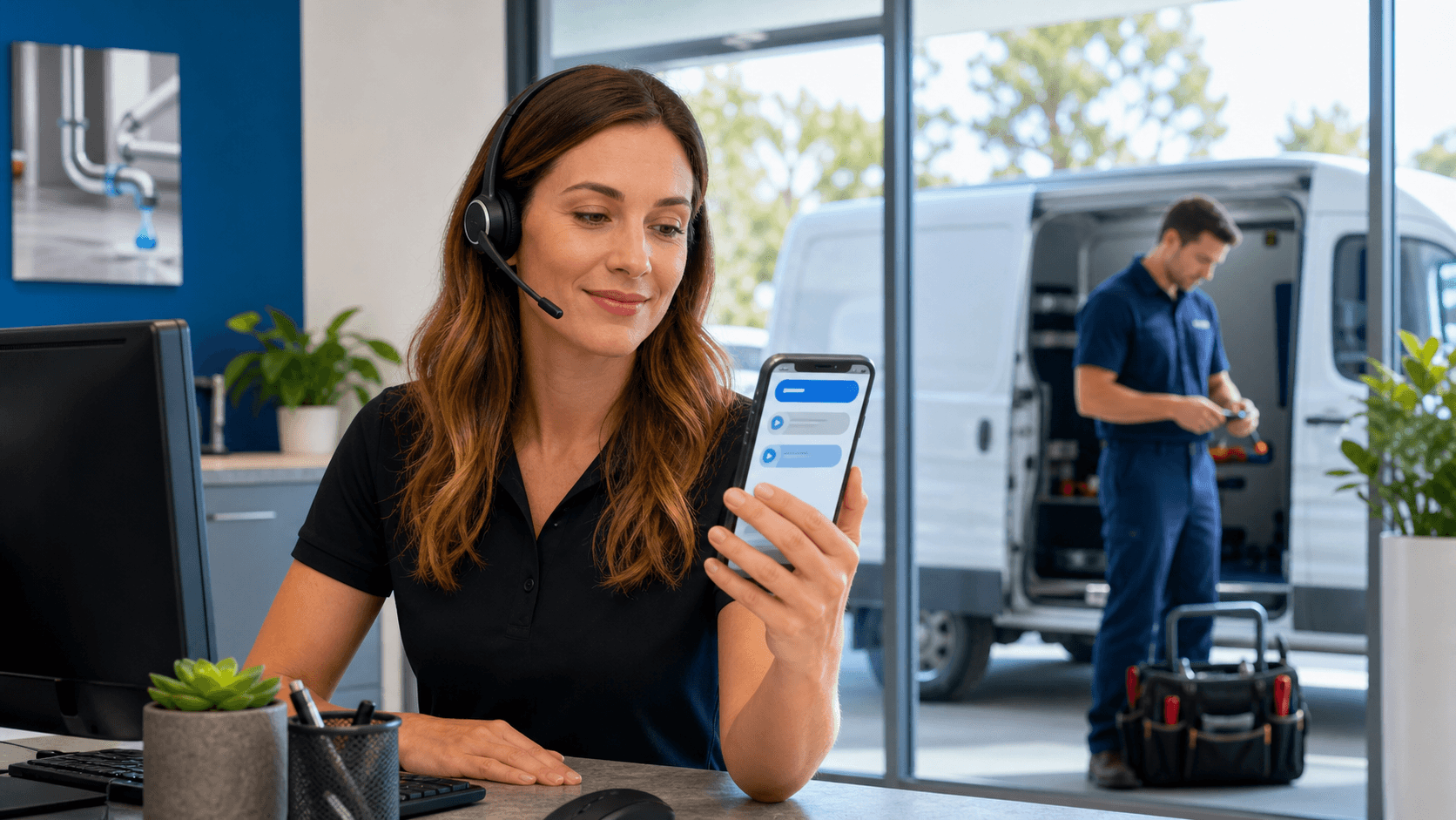 Smartphone displaying a voicemail transcript beside a glowing AI assistant icon on a blue office desk.