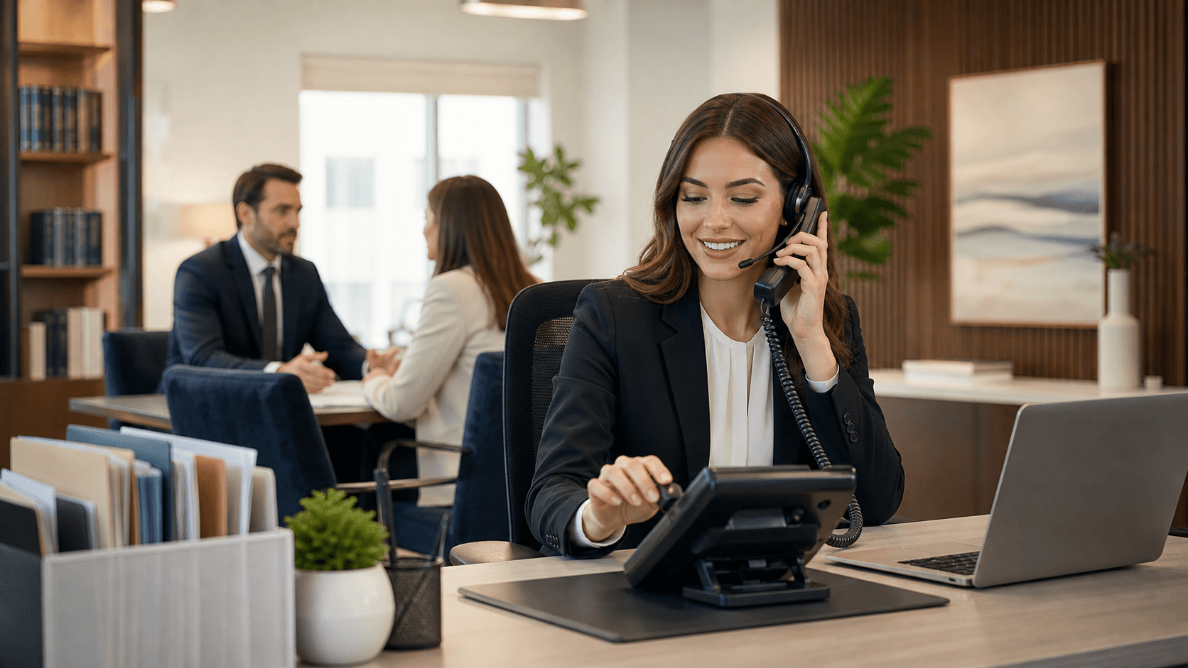 Glowing phone icon with branching call routes over a dark blue law office desk background