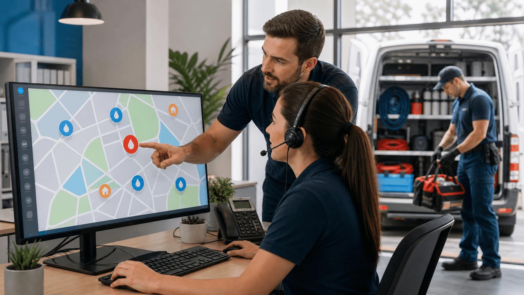 Dispatcher at a desk monitors leak alerts on dual screens beside a ringing phone in a bright modern office.