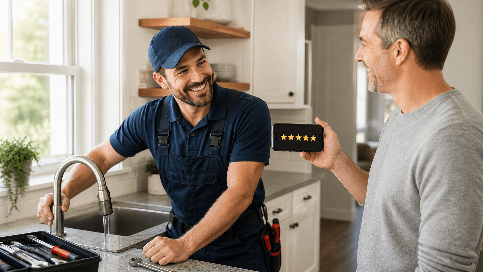 Smartphone displaying five-star reviews beside a small shop counter in warm, modern lighting