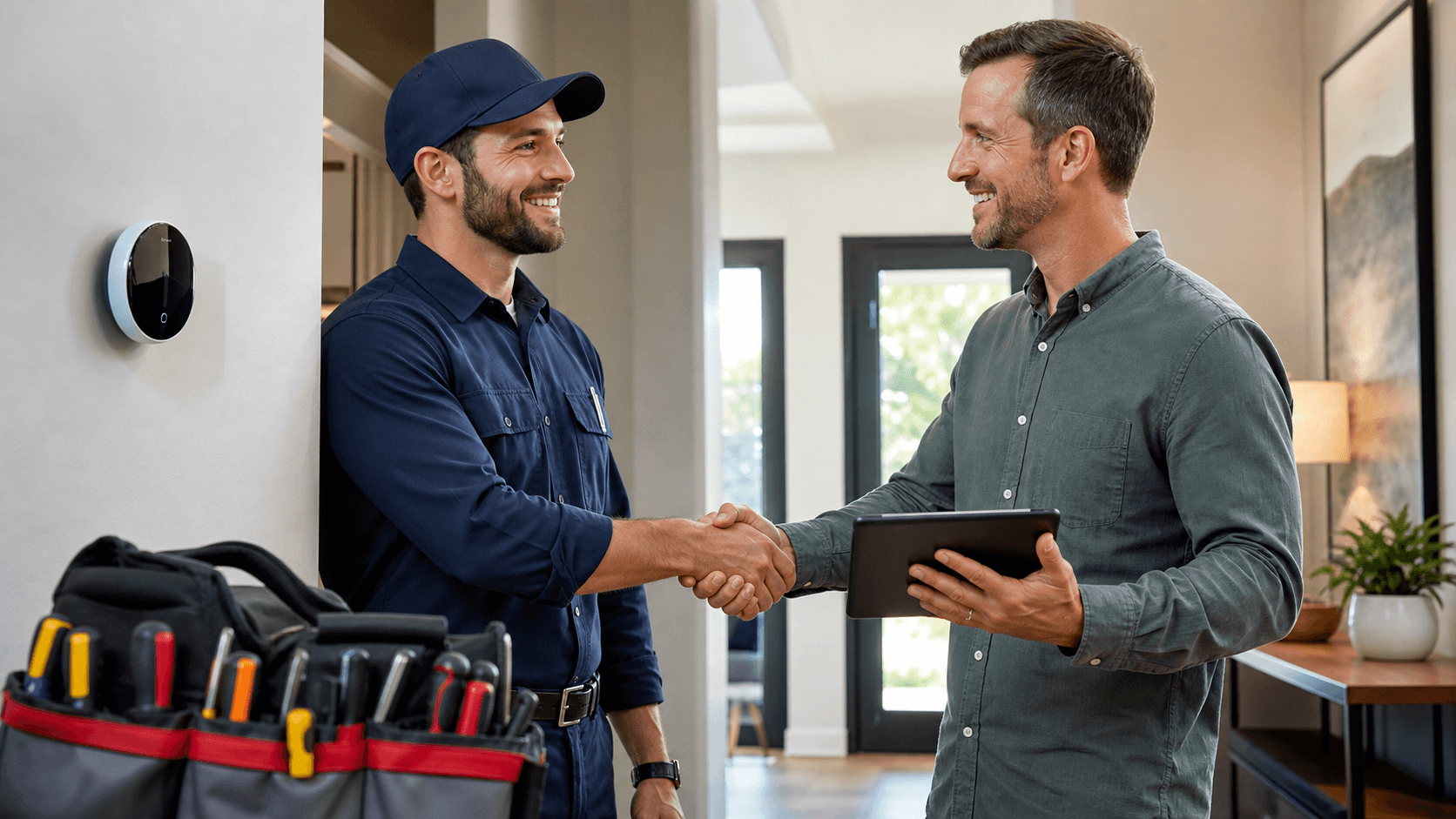 Contractor in blue shirt reviews a digital estimate on a tablet beside tools in a bright workspace.