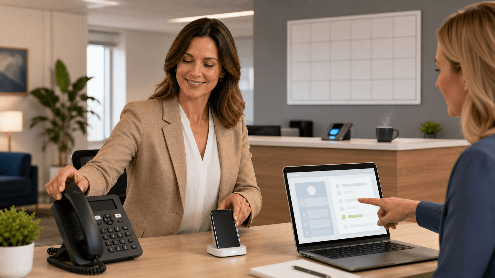 Modern office desk with smartphone and headset beside a glowing AI circuit icon, in cool blue lighting