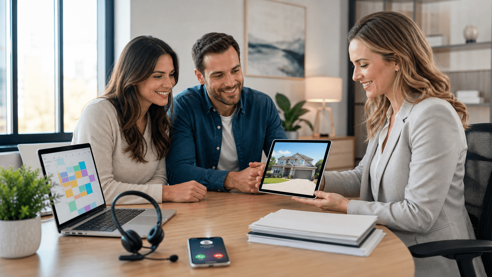 Modern office desk with smartphone, headset, and glowing AI chatbot icons on a blue-lit screen