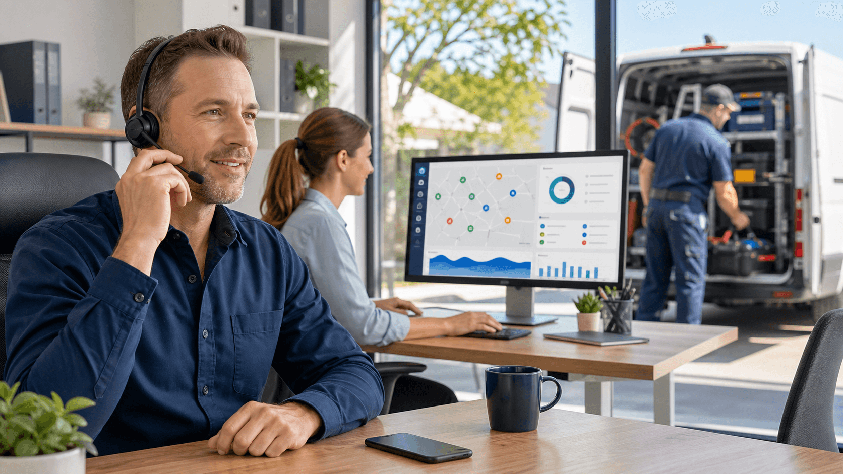 AI receptionist dashboard glowing on a laptop beside a contractor’s hard hat and smartphone in a modern office.
