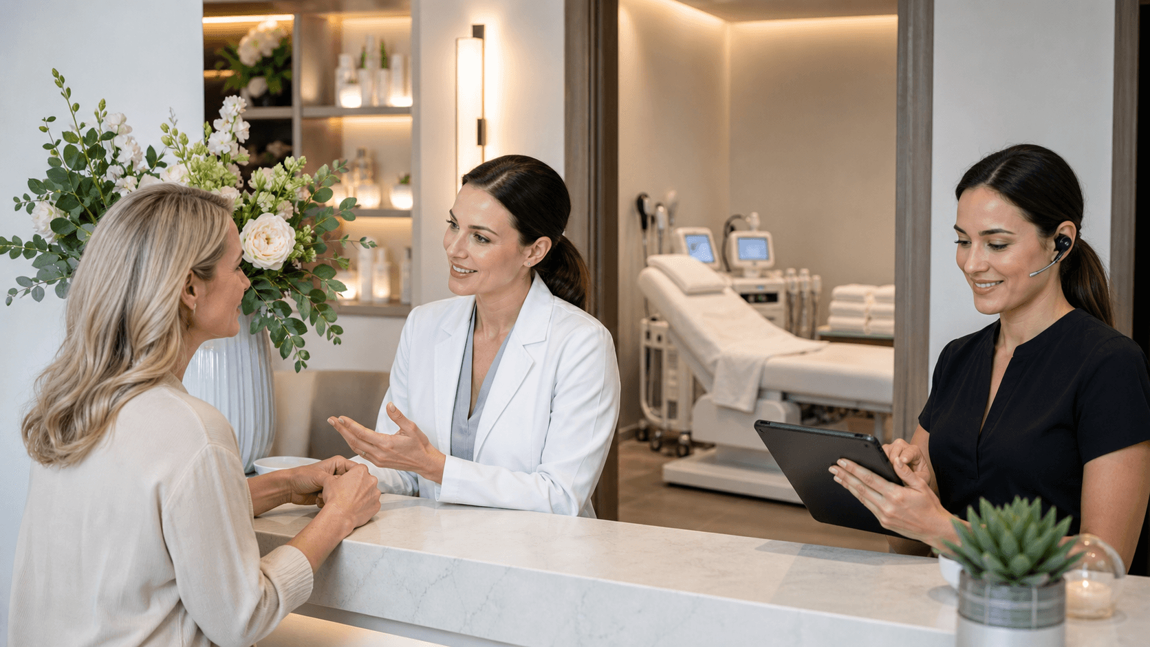 Minimal spa flat lay with skincare bottles, towel, candles, and white orchid on a soft beige background
