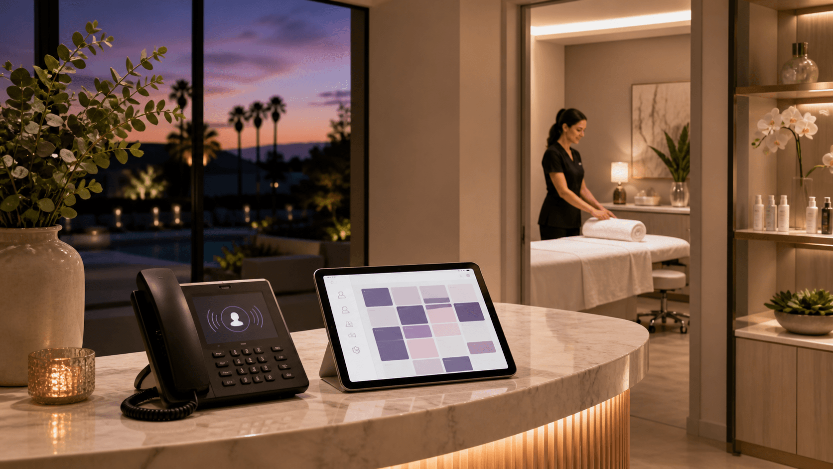 Elegant spa receptionist at a glowing desk, speaking into a headset beside a smartphone in a soft blue-lit lobby.