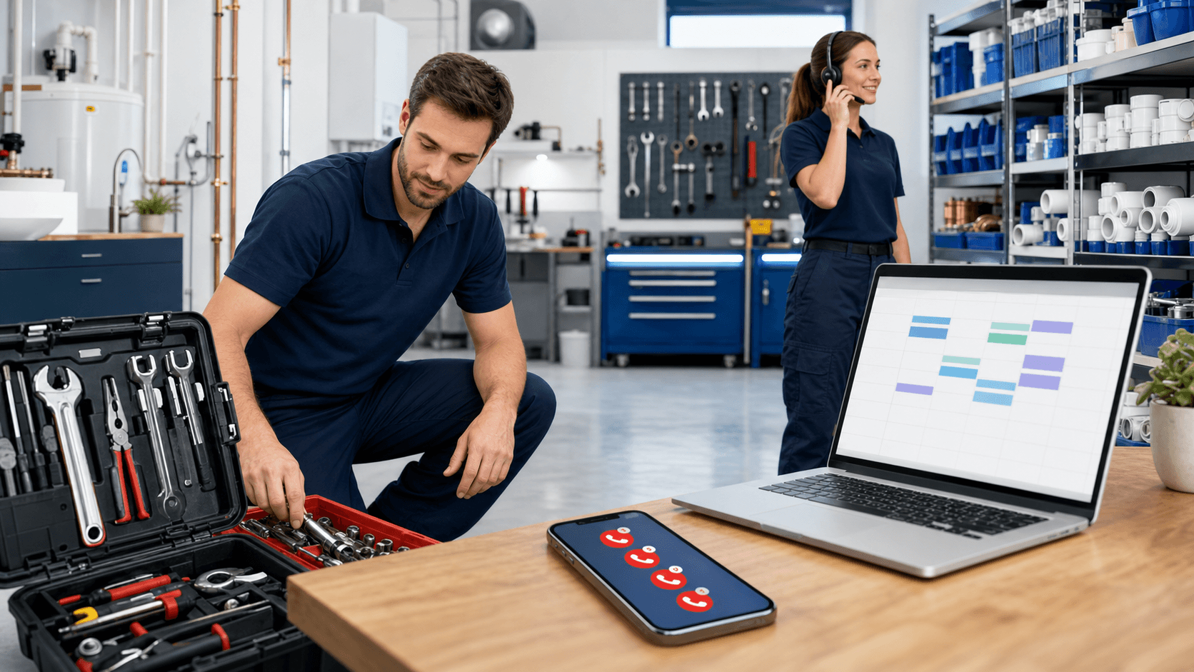 Blue-toned illustration of a plumber with a wrench staring at a ringing smartphone, with call icons floating nearby.