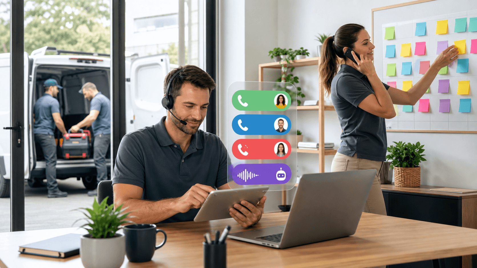 Split-screen blueprint graphic with phone icon, robot vs headset, and a 7-day checklist on a blue background