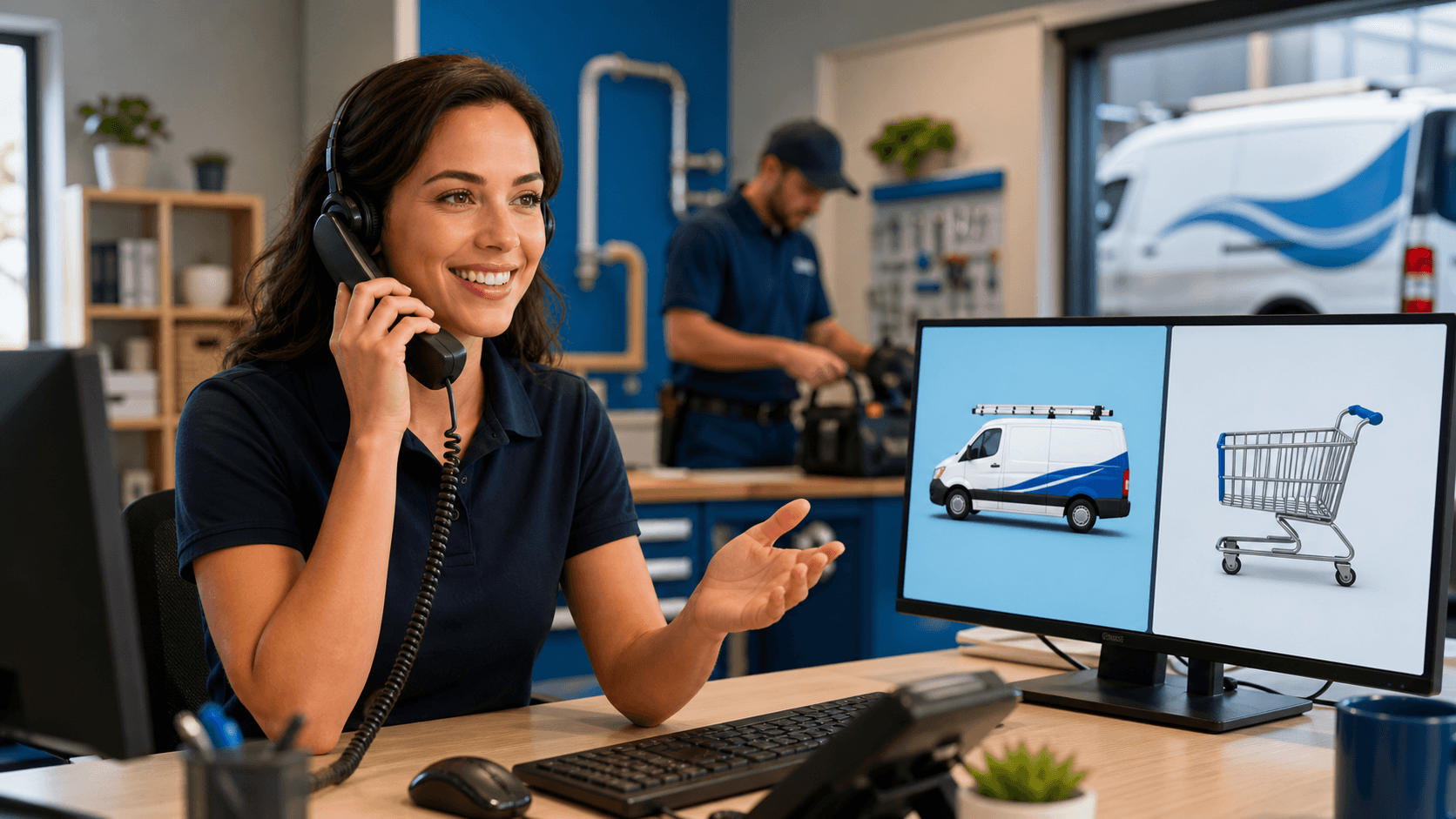 Split-screen illustration of a glowing AI receptionist assisting a caller beside a shopper comparing price tags.