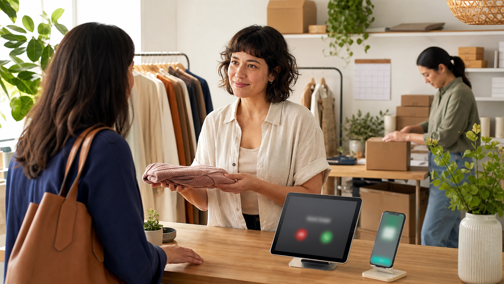 Cozy shop counter with a laptop and chatbot icon on screen, warm lighting, and a small bell in the foreground.