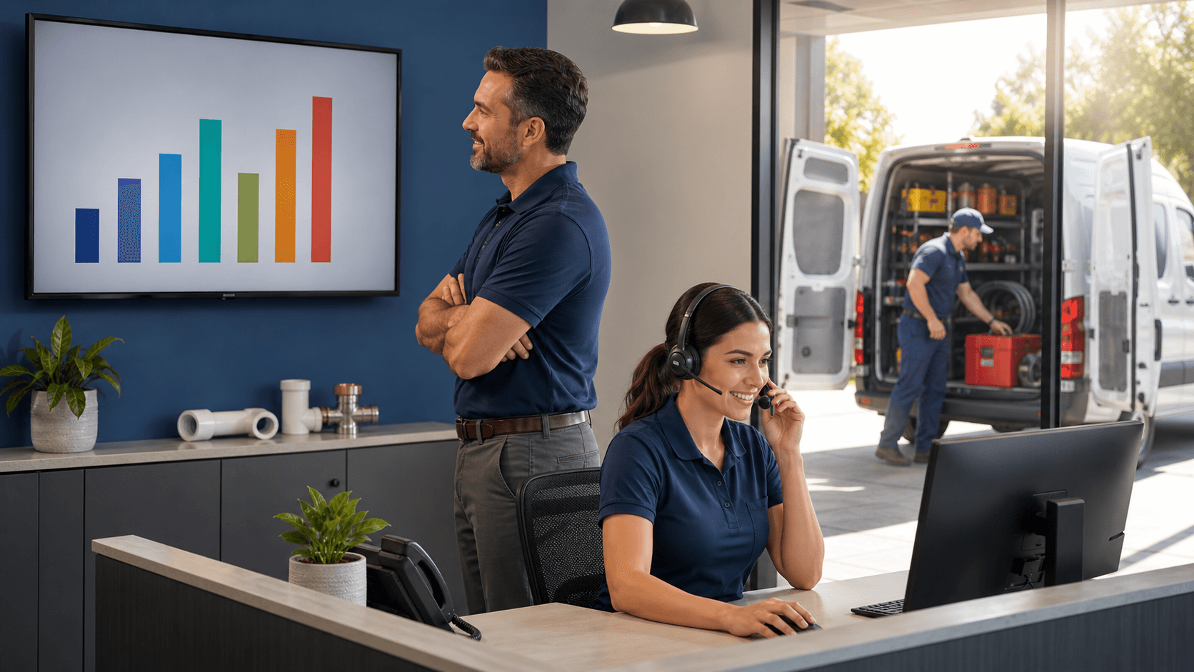 Glowing AI receptionist interface answering calls beside a nighttime office clock and rising blue analytics chart