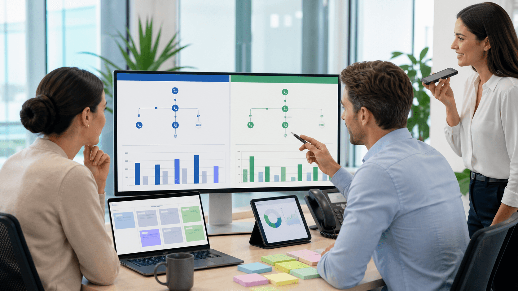 Split-screen dashboard with blue charts, a headset icon, and a 14-day calendar in clean white and teal tones.
