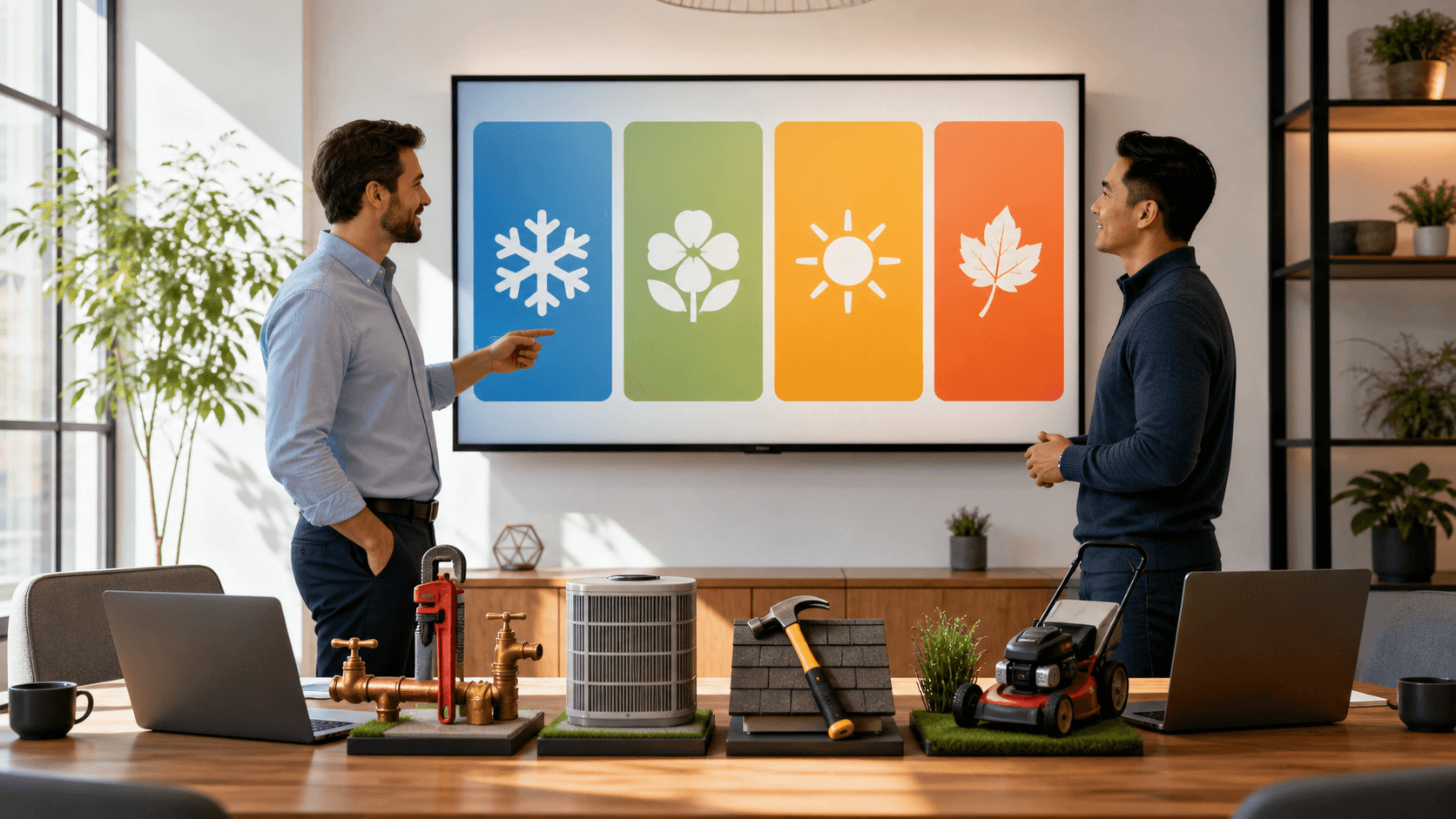 A Google Business Profile dashboard with seasonal icons, including snowflakes, sun, and autumn leaves on a blue background