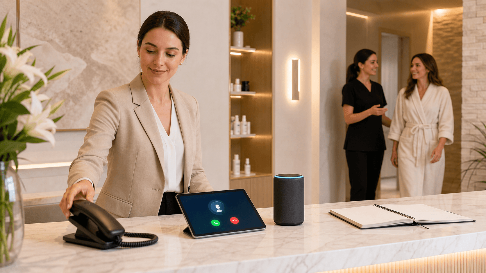 Modern spa reception desk with a glowing AI headset icon hovering above, soft pink lighting and clean white walls
