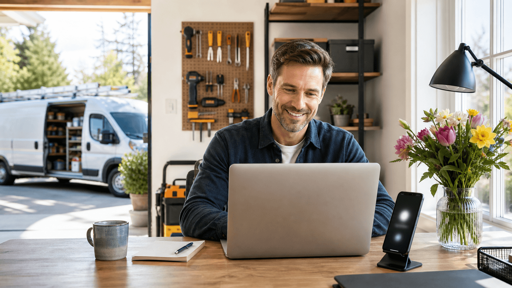 Smartphone with glowing AI circuit overlay beside a calendar and coffee cup on a bright spring desk, soft sunlight