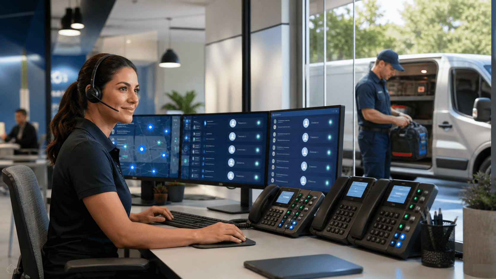 Glowing AI receptionist interface managing multiple incoming calls on a dark blue futuristic dashboard