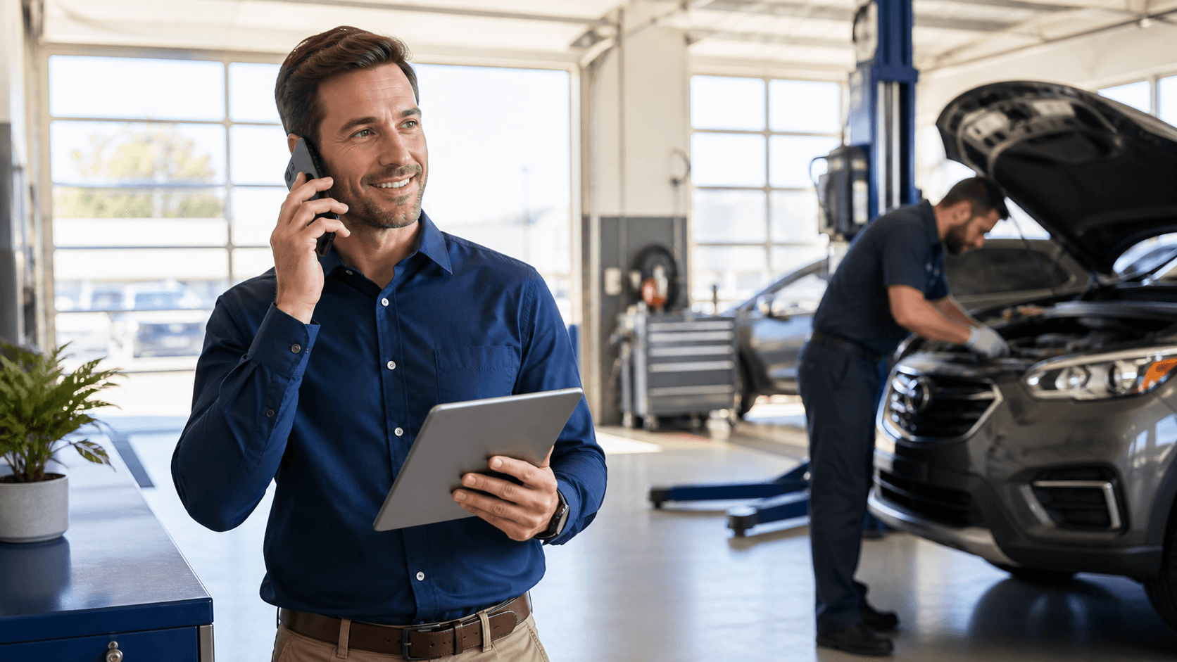 AI voice assistant waveform glows above a smartphone beside auto repair tools in a blue-lit garage.