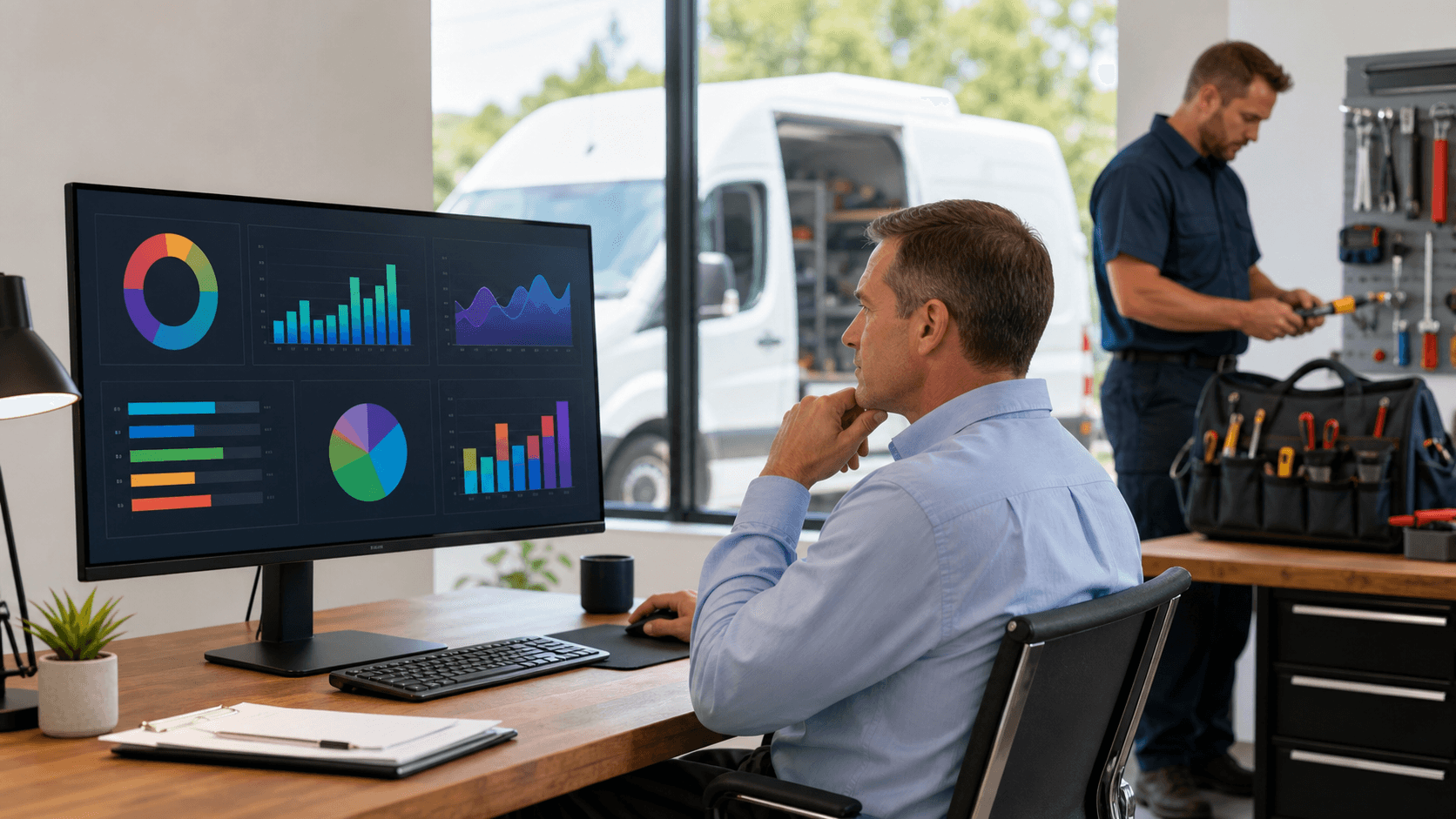 Contractor reviews call analytics on a laptop beside a hard hat and blueprints in a bright office.