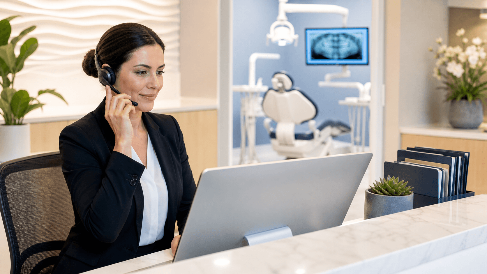 Dental receptionist wearing a headset at a desk, with a glowing blue privacy shield icon in the foreground