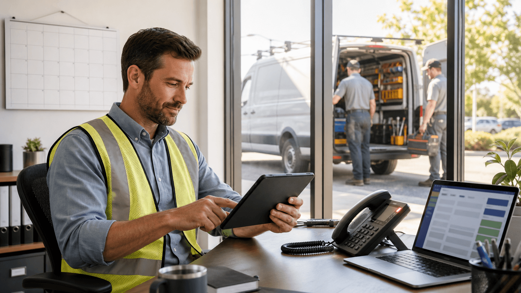 Construction worker in hard hat uses a tablet beside a glowing AI robot receptionist at a modern desk, blue lighting