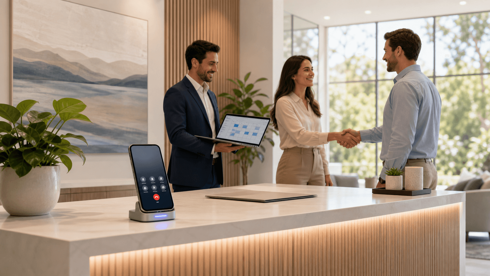 Glowing humanoid robot at a reception desk with a laptop and phone, in a sleek blue-lit office interior.
