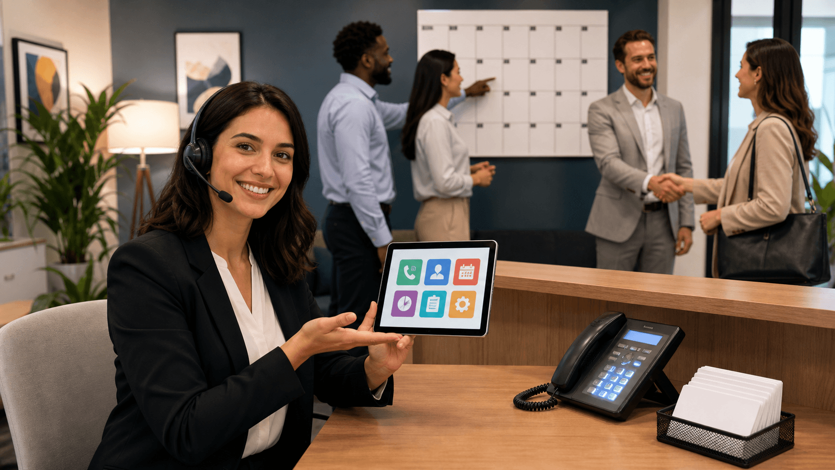Glowing holographic receptionist at a sleek desk, with bilingual speech bubbles on a blue gradient background.