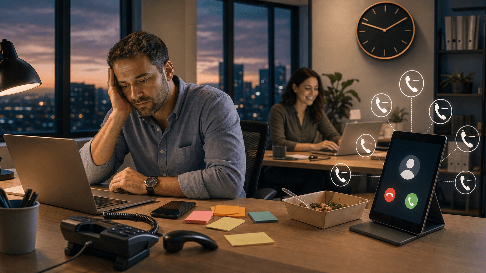 Dimly lit desk with glowing laptop and ringing phone beside a wall clock at midnight, blue tones and shadows