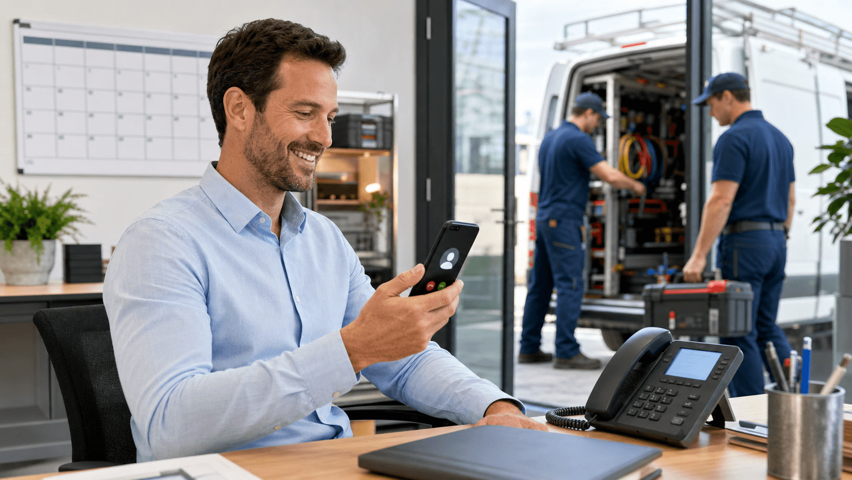 Smartphone with glowing call icons over a hardhat and blueprints on a desk, warm light and blue accents