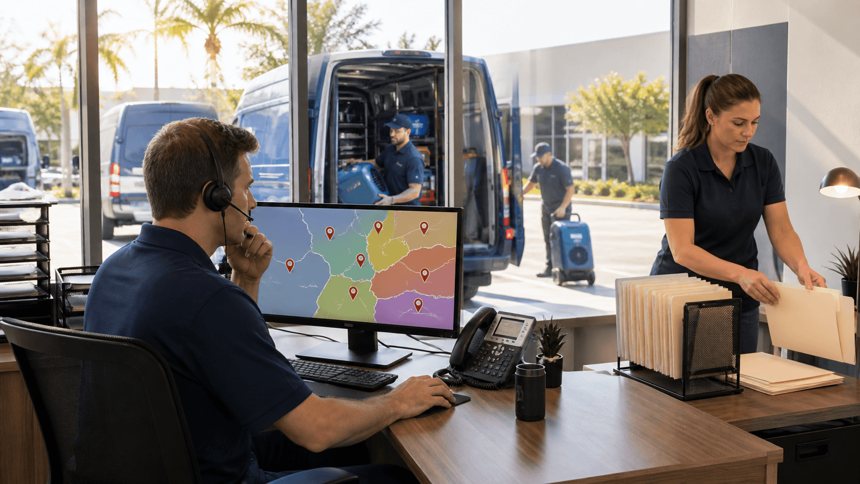 Split-screen call center with red emergency alerts on one side and blue estimate forms on the other