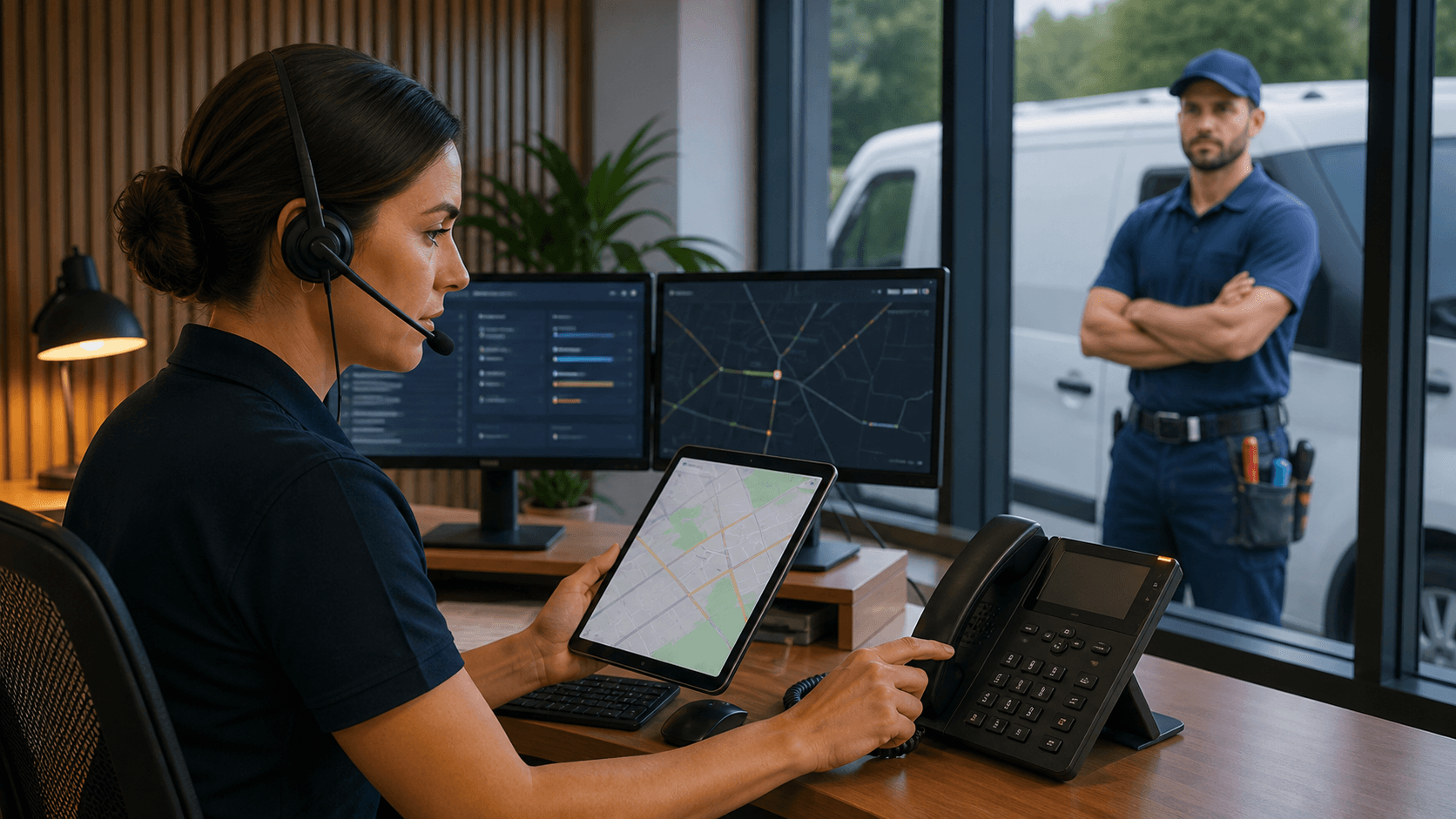 Split-screen phone dispatch dashboard with missed call notes, red alerts, and a dark blue service van map.